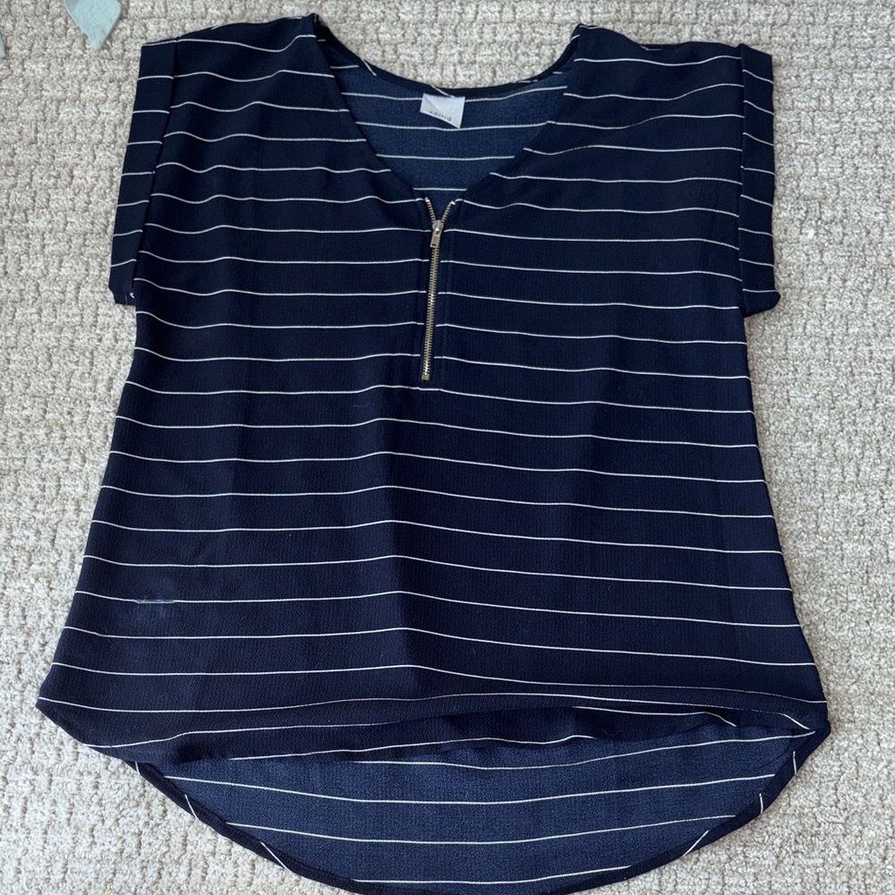 Elegant Navy Striped Blouse with Zipper
